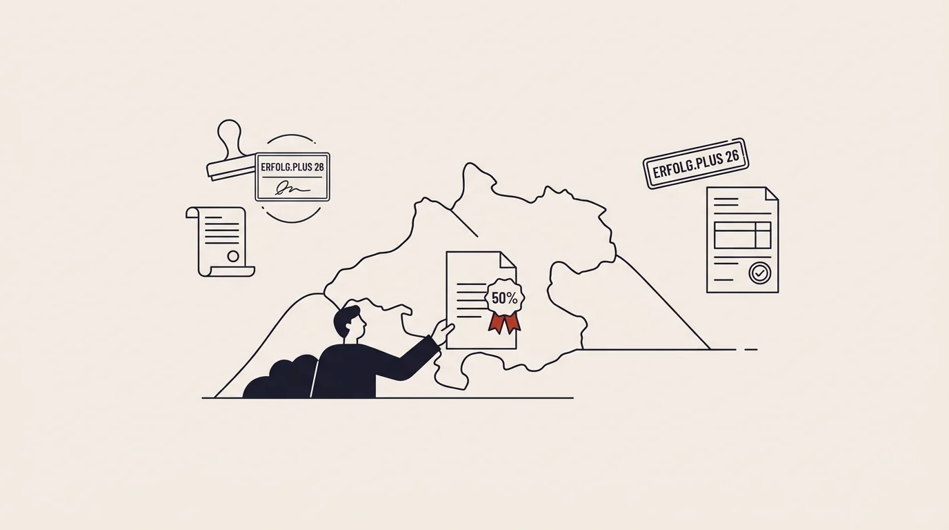 Abstrakte Illustration: Hügelige Landschaft mit einer Hand, die ein Dokument mit 50-Prozent-Symbol erhält