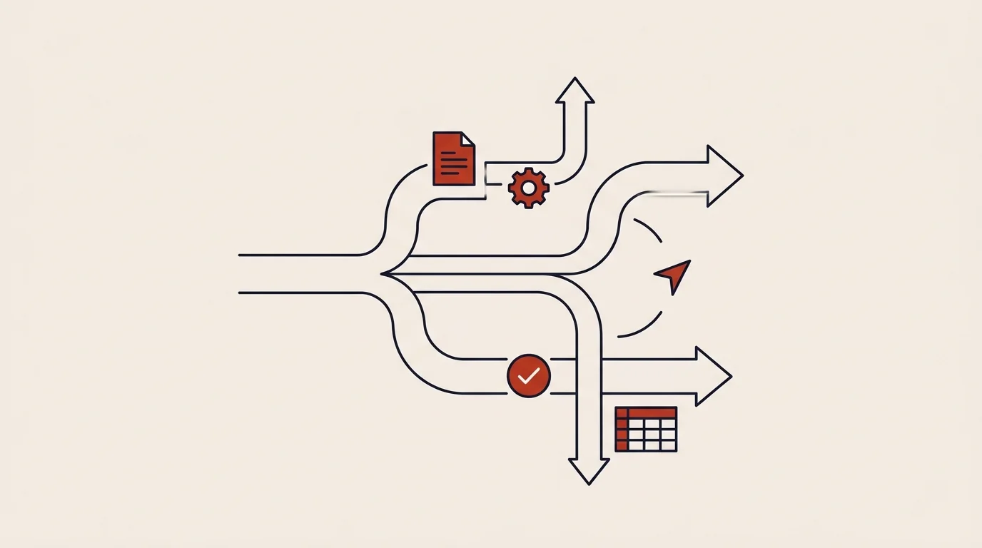 Abstrakte Illustration: Ein autonomer Weg, der sich in mehrere Pfade mit Werkzeug-Icons verzweigt